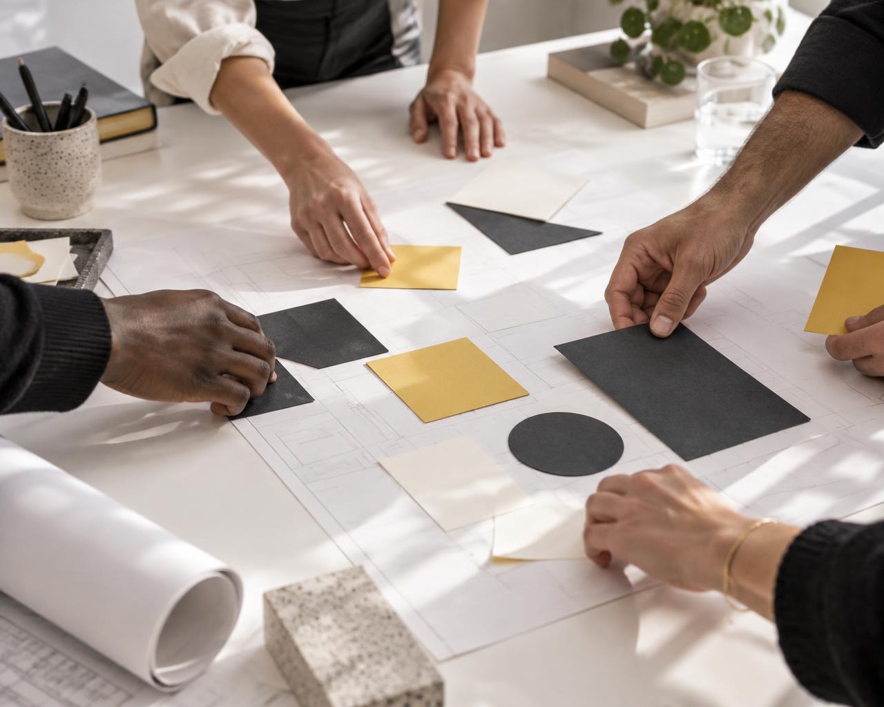 Pessoas a construir ideias em conjunto à volta de uma mesa